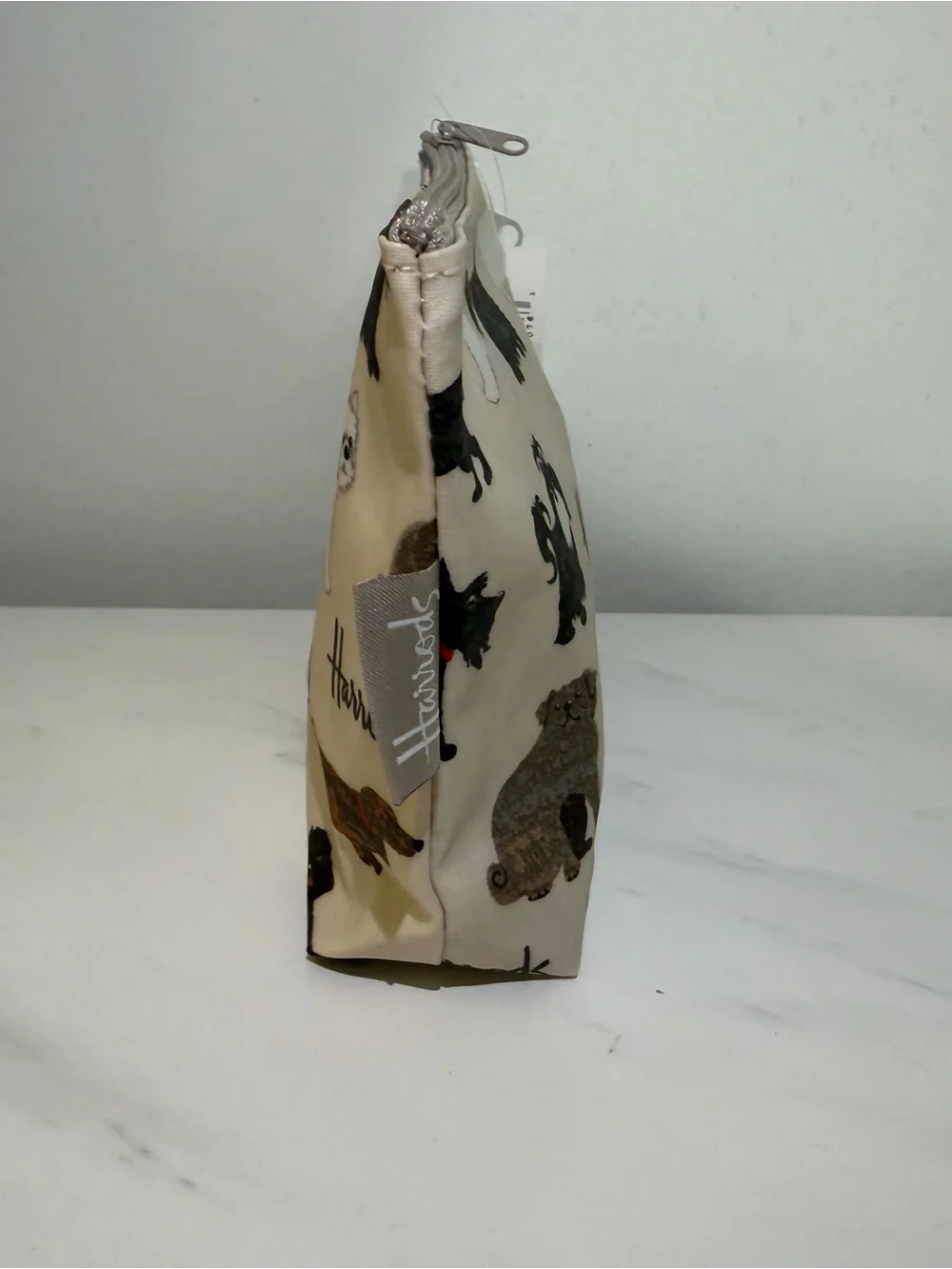 Harrods Beige Dog Print Cosmetic Pouch with Multicolor Dogs